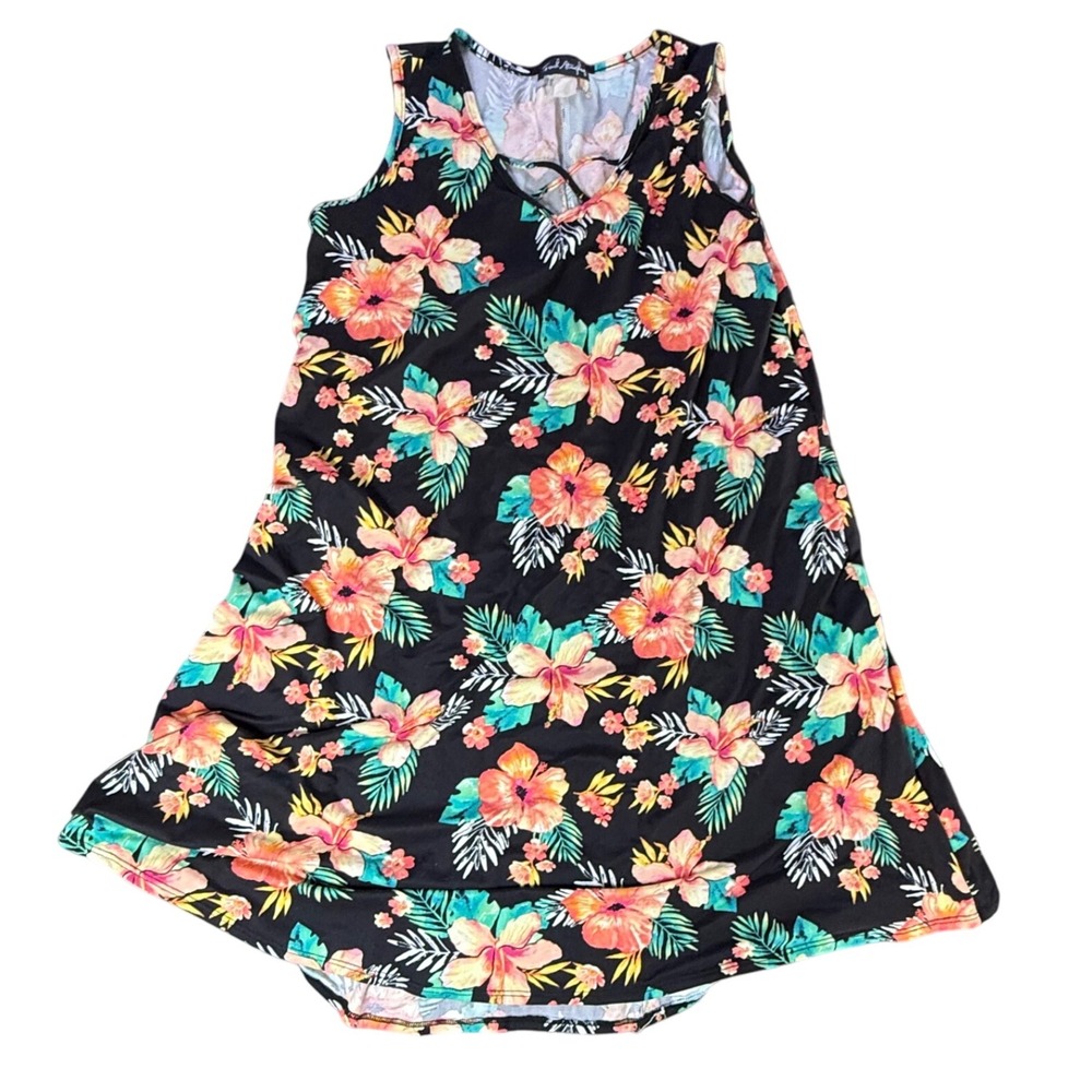 French‎ Atmosphere Tropical Floral Print Black Sleeveless V Neck Mini Dress